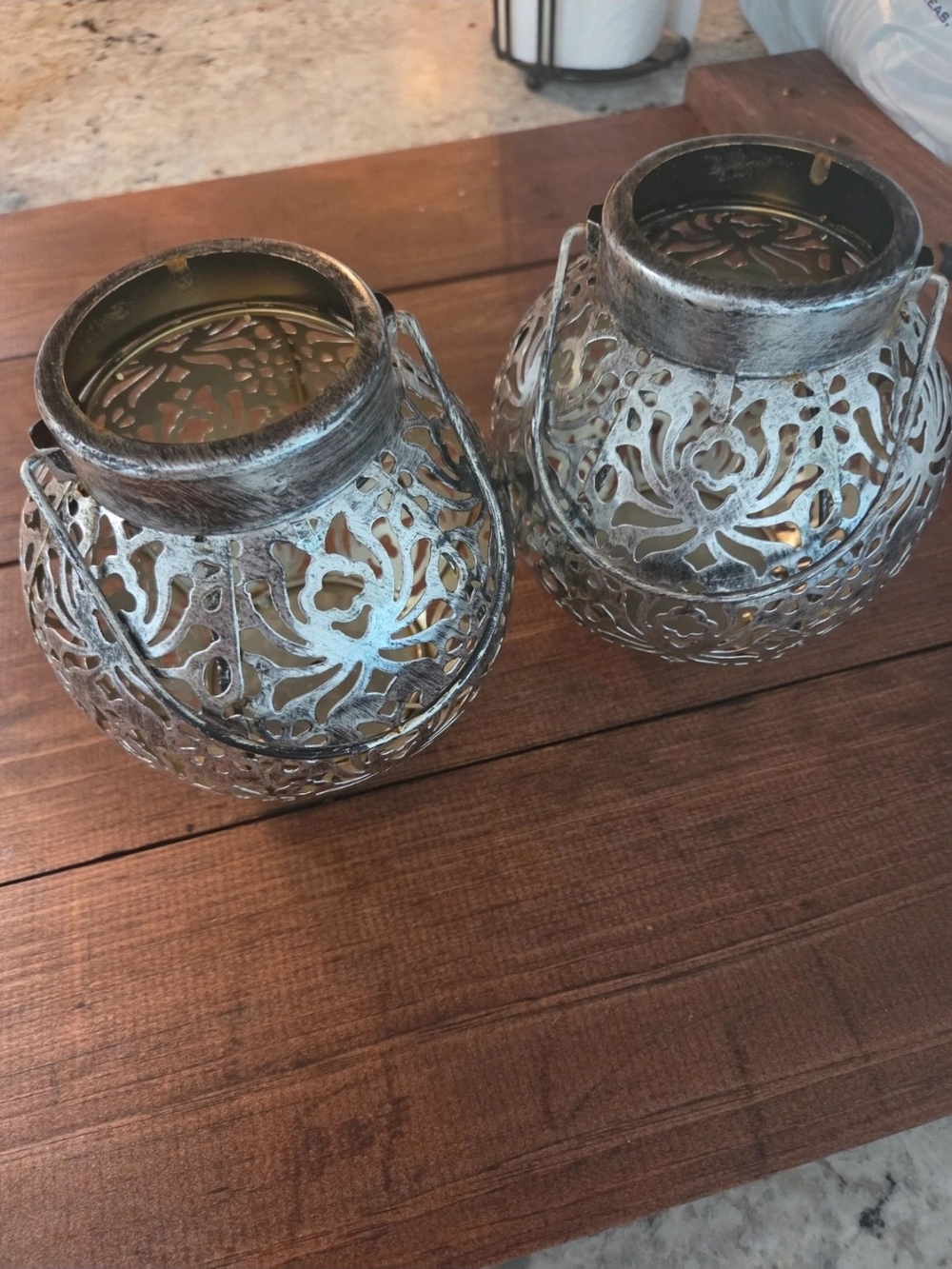 Source Unknown Ornate Metal Lanterns - Silver and White Wash